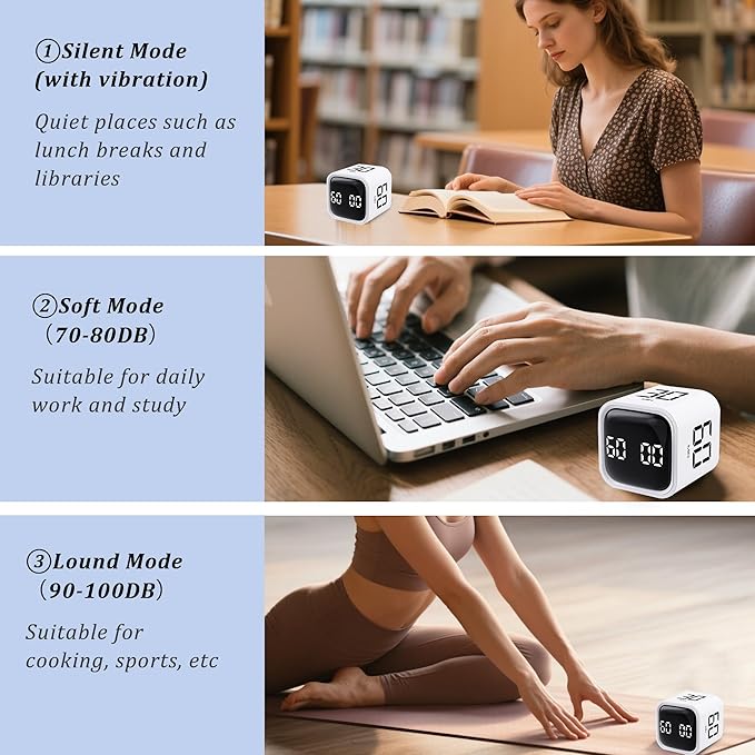 Rotating Pomodoro Timer 5,10,30, 60 Minutes Preset,Desk Productivity Flip Timer, Visual Cube Countdown Stopwatch,Custom Modes/Vibration/High/Low Volume,ADHD Timers, for Study, Work, School, Kitchen