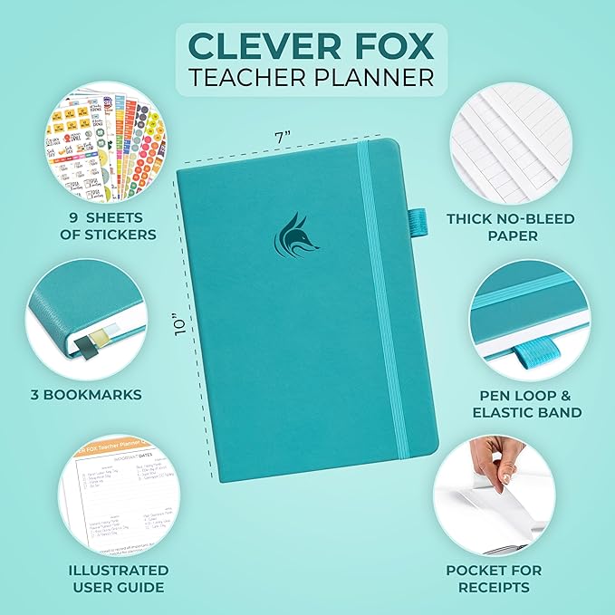 Clever Fox Teacher Planner – School Year Planner with Calendars & Lesson Plans – Teacher Plan Book for Classroom & Homeschool Organization - Undated, 7x10″, Hardcover (Turquoise)