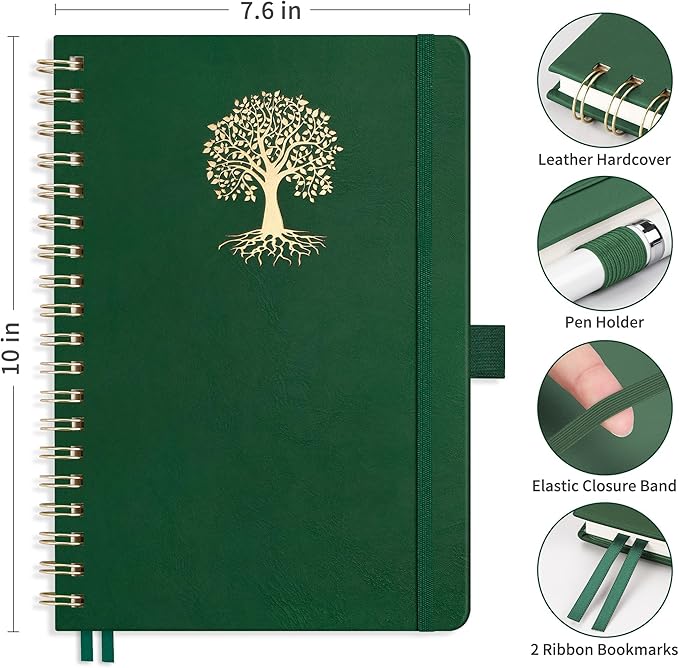 RETTACY Bullet Dotted Journal Notebook, 140 Pages, B5 Medium Size (7.6" × 10"), Leather Hardcover, 100 GSM Thick Paper, Spiral-bound, for Bullet Journaling, Planning, Tracking (Dark Green)