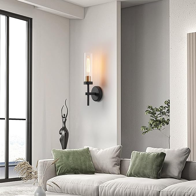 Wall Sconces Set of Two,Black Gold Bathroom Sconces Wall Lighting with Clear Glass, Modern Sconces Wall Decor Set of 2 Wall Light fixtures for Bathroom Mirror Living Room Hallway Bedroom Wall Lamp