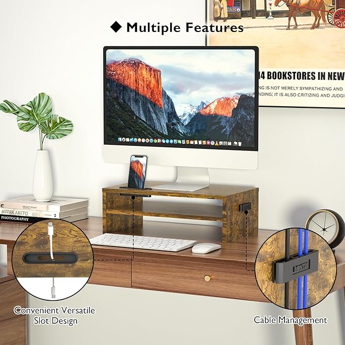 BONTEC Wooden Monitor Stand Riser, 2-Tier Desk Shelf with Storage Organizer, Ergonomic Computer Stand with Cable Management, Cellphone Holder, Vintage Brown, 16.5 Inch