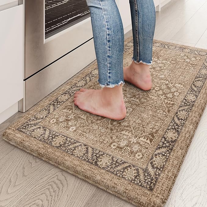 KIMODE Anti Fatigue Kitchen Mat 17.3"x29", Vintage Kitchen Floor Mats Non Slip, Waterproof Kitchen Mat for Floor, Farmhouse Comfort Standing Mat for Laundry, Office, Sink, Desk Brown