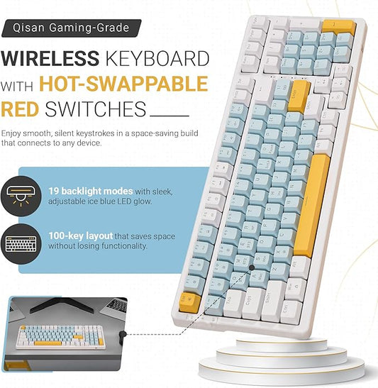 Qisan Wireless/Wired Mechanical Keyboard, Triple Mode 2.4G/USB-C/BT Wireless Gaming Keyboards, 100 Keys (98%) US Layout Red Switch Rechargeable Ice Blue Backlit Keyboard | Blue, Yellow & White