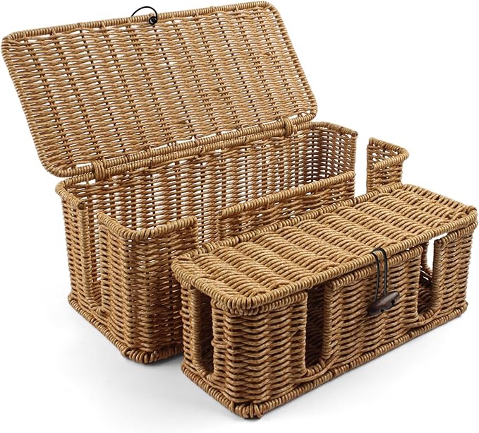 2 Pack Rattan Cable Management Box, Large Cord Organizer Box with Lid Under Desk Router Hider Storage Box with 4 Exits, Wire Box Hider for TV Wires Computer Surge Protector USB Hub Power Strip