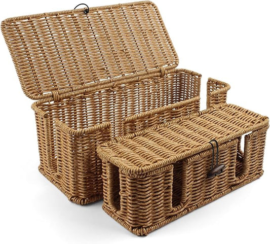 2 Pack Rattan Cable Management Box, Large Cord Organizer Box with Lid Under Desk Router Hider Storage Box with 4 Exits, Wire Box Hider for TV Wires Computer Surge Protector USB Hub Power Strip