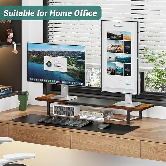 X-cosrack Adjustable Height and Length Dual Monitor Stand Riser, Wood and Steel Monitor Stand for 2 Monitors, Multi-Purpose Desk Shelf Organizer Riser Stand for Computer, Laptop, Printer, TV
