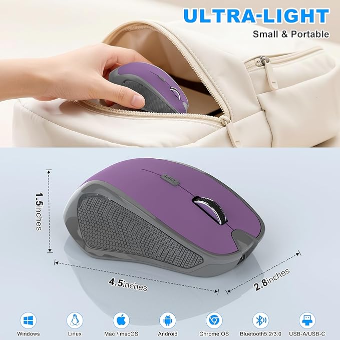 Bluetooth Wireless Computer Mouse, 2.4G Rechargeable Small Ergonomic Optical Mouse Jiggler for Office/Home with Forward/Back Buttons & USB-C/USB-A for Laptop, Desktop, PC, Mac, MacBook - Purple