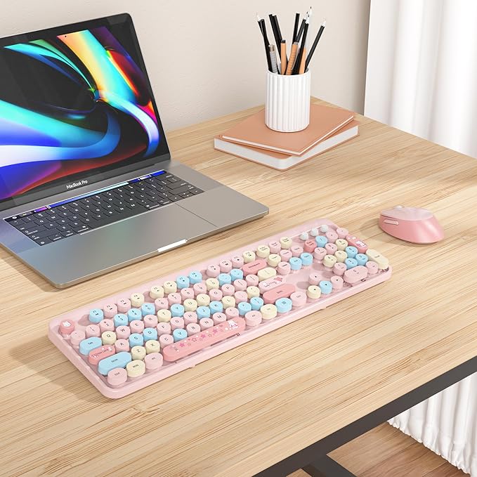 GTSP Typewriter Pink Keyboard and Mouse Wireless, Full-Size Colorful Cute Office Keyboard 2.4GHz with Number Pad for Desktop Laptop and PC (Colorful Pink)