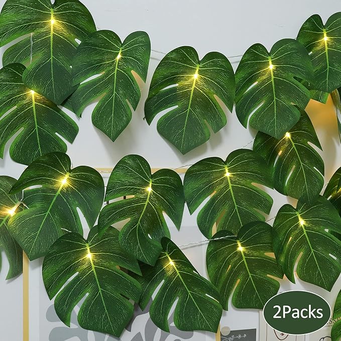RECUTMS 2 Pack Artificial Tropical Palm Leaves String Lights, Large Size 20 LED Monstera Green Leaf Hanging Vine Greenery,Indoor Hawaiian Luau Jungle Beach Safari Baby Shower Party Spring Summer Decor