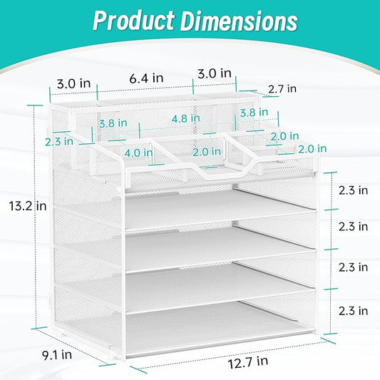 5 Tier Mesh Desk Organizer,Multi Functional Letter Paper Tray with 3 Pen Holders and 5 Adjustable Storage Compartments for Office Supplies Files and Mail Space Saving Desktop Organizer-White