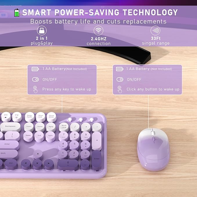 Wireless Keyboard and Mouse, Full-Size Retro Typewriter Keyboard with Round Keycaps, 2.4GHz for Windows, Mac, Laptop, PC, Desktop (Purple Gradient)