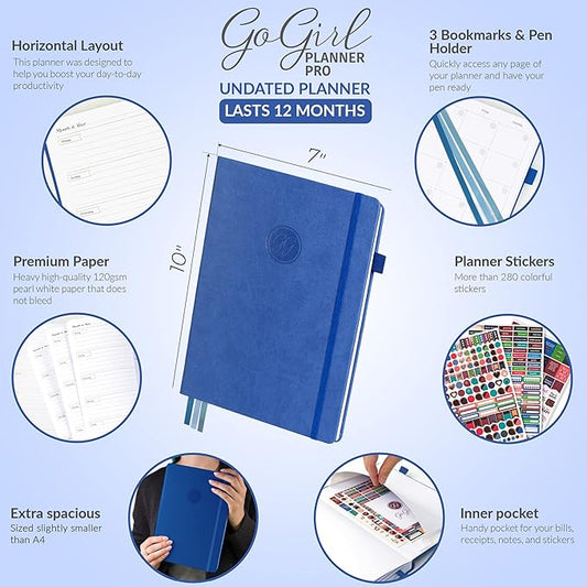 GoGirl Planner PRO - Undated Horizontal Layout Weekly Planner and Organizer + Budgeting and Expense Tracking Pages, Goals Journal & Agenda, 7" x 10" Hardcover, Lasts 1 Year - Blue