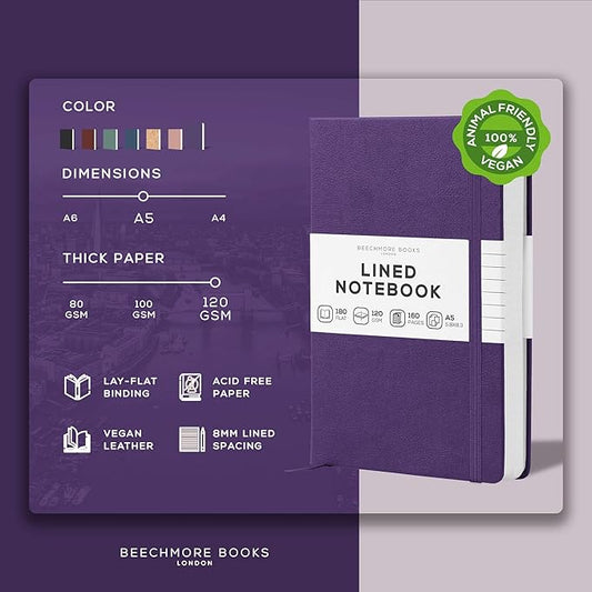 BEECHMORE BOOKS Lined Journal Notebook, 5.8 x 8.3 inch, A5 160 Lined Pages, Hardcover Leather Journals for Women, Men, Writing and Notebooks for Work - 120 GSM Thick Paper, Gifts Box Included
