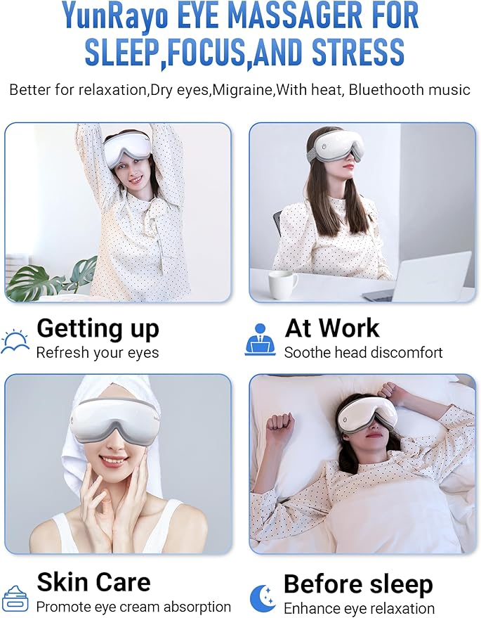 Eye Massager with Bluetooth Music, Heating & Vibration-Wireless Massage Mask for Relieving Dry Eyes, Eye Strain & Headaches, Promote Sleep, 180° Foldable, Travel, Office Users