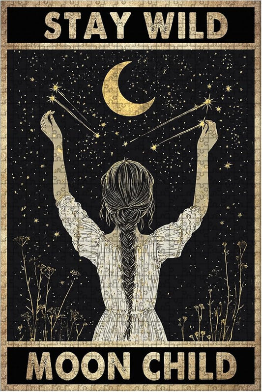 1000 Piece Wooden Moon Girl Stay Wild Moon Child Jigsaw Puzzle Adults Humorous Challenge for Stress Relief & Brain Exercise 29.5x19.7 Inch