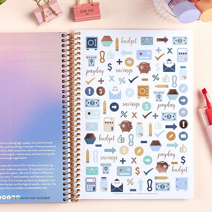 Erin Condren Coiled Budget Planner, A5 Finance Organizer with Monthly Layouts, Tabbed Sections, Savings and Expense Trackers, Debt Management Budget Book, Stickers, and Goal Planning Pages