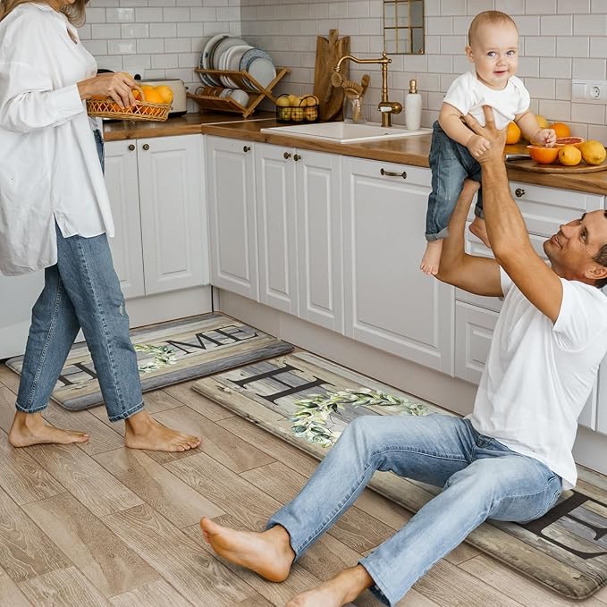 KIMODE Kitchen Mats for Floor 17"x47"+17"x29", Farmhouse Kitchen Rugs Sets of 2, Anti Fatigue Mats for Kitchen Floor, Cushioned Comfort Kitchen Floor Mats for Sink, Laundry, Desk Grey