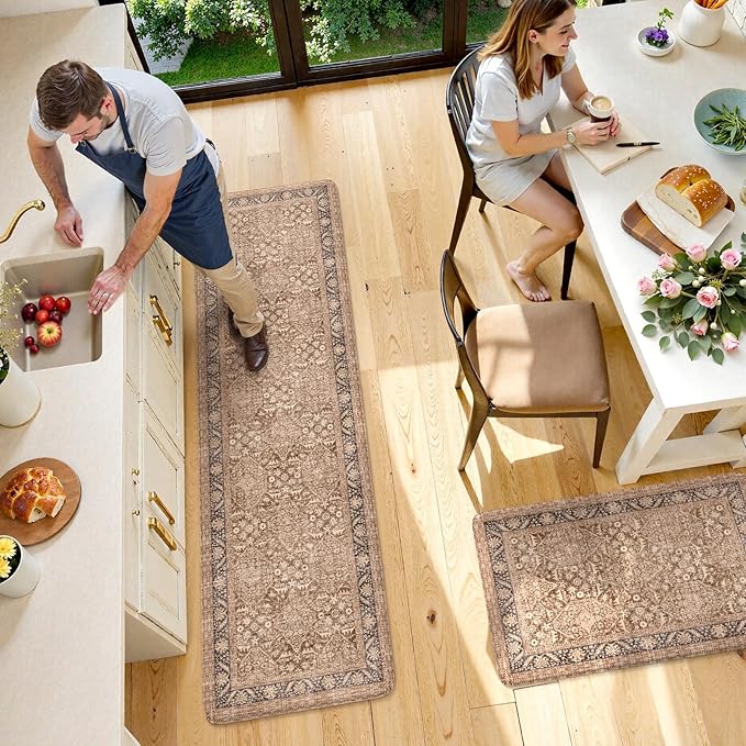 KIMODE Kitchen Mats Cushioned Anti Fatigue, Summer Boho Distressed Kitchen Rugs Sets of 2, Padded Kitchen Floor Mats, Non Slip Standing Mats for Sink Laundry Office Desk Brown 20"x71"+20"x32"