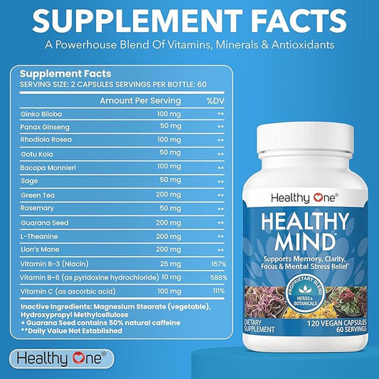 Healthy Mind - Safe for Teens - Brain Fog - Cognitive Function - Concentration - Focus - Neural Optimization - Mood - Ginkgo Biloba - Ginseng - Rhodiola - Bacopa - Gotu Kola - Green Tea - 120 Count