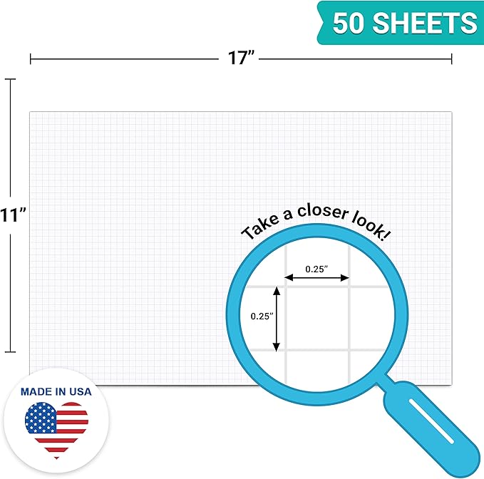 321Done Graph Paper Notepad - Ledger Size (11" x 17") 50 Sheets - 0.25" Grid Planning Note Pad - Tear-Off Edge Glued Luxury Smooth Thick Premium Paper - Made in USA - Plain White
