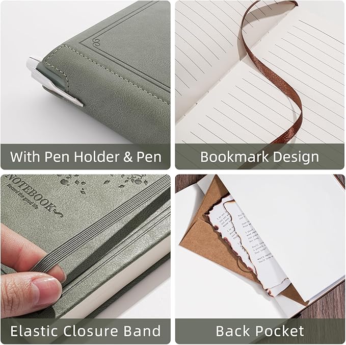 Lined Notebook Journal for Women Men 320 Pages A5 Hardcover Leather with Pen Holder College Ruled Journals for Work Note Taking Travel School Green