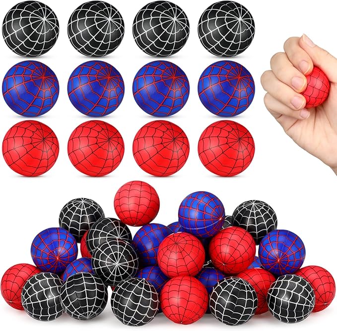 Meooeck 24 Pcs Spider Web Stress Balls Bulk 1.57 Inch Relief Stress Balls Mini Foam Anxiety Fidget Toys Squeeze Sensory Toys Squishy Blue Red Black Spider Web Finger Exercise Birthday Party Favors