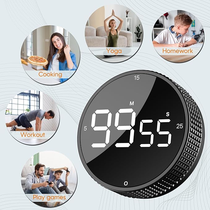 Upgrade Digital Kitchen Timer - Magnetic Countdown Countup Visual Pomodoro Timer with Large LED Display, 3-Preset Times (5, 15, 25), 3 Volume Levels, Ideal for Cooking, Baking and Fitness (1, Black)