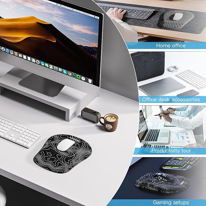 Mouse Pad with Wrist Rest, Ergonomic Mousepads with Wrist Support, Soft Lycra Fabric Memory Foam Office Desk Accessories for Comfort/Pain Relief/PC Gaming/Computer/Laptop (Black Topographic)