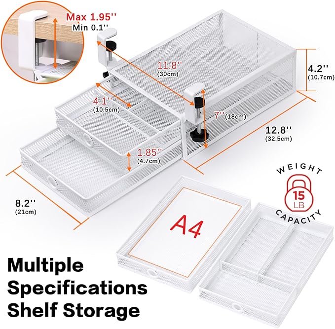 ROSLINE Under Desk & Desktop Drawer Organizer - 2-Tier Metal Slide Out Drawers Organizer, Storage for Home Office Desk (White)