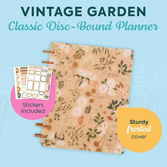 Happy Planner Disc-Bound Planner Jan.–Dec. 2026, Includes 3 Extra Months and 2 Sticker Sheets, Classic Size, 7" x 9.25", Dashboard Layout, Vintage Garden Tan