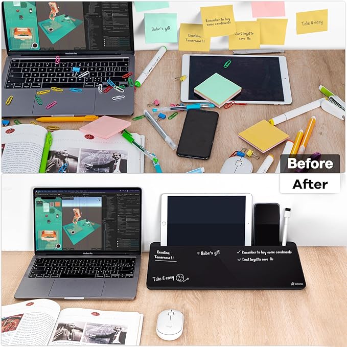 Varhomax Desktop Whiteboard with Storage, Desk Organizer Dry Erase Glass White Board to-do List Memo Notepad for Home Office and School Supplies (Black)