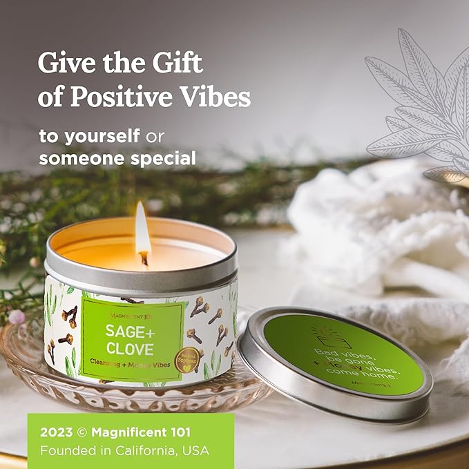 MAGNIFICENT 101 Sage & Clove Aromatherapy Candle - 6 Oz White Soy Wax - 35-Hour Burn Time - Long Lasting Sage & Energy Cleansing - Manifestation & Spiritual Decor