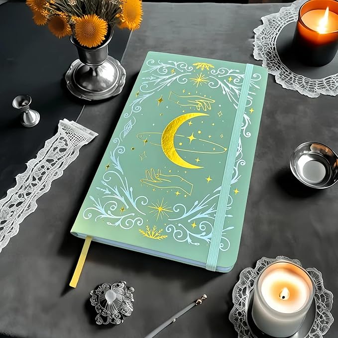 BUKE A5 Dotted Journal – 160gsm Ultra Bamboo Paper, Moon & Star Foil Cover, Flat Lay Notebook with Gift Box – 160 Pages, 5mm Dot Grid, Faux Leather Hardcover (Matcha Green)
