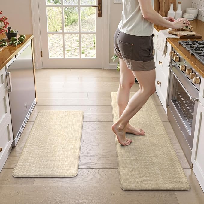 KIMODE Kitchen Mats Cushioned Anti Fatigue 17"x47"+17"x29", Beige Padded Kitchen Floor Mats Non Slip, Comfort Textilene Kitchen Mats for Floor, Standing Mat for Laundry Office Sink Desk