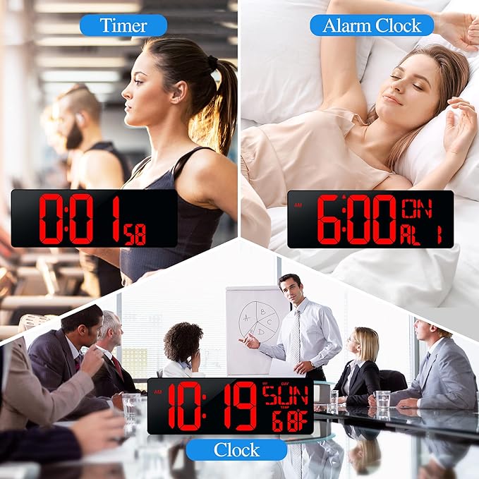 17.2" Large Digital Wall Clock Bluetooth Auto Time Sync Digital Clock Large Display Auto-Dimming/DST Led Wall Clock with Date Week Big Timer for Living Room Classroom Garage Gym Decor