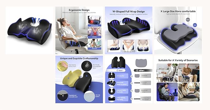 VOXON Extra Large Memory Foam Seat Cushion, Ergonomic Tailbone Pain Relief Cushion for Sciatica,Coccyx & Back Support, Non-Slip Car Seat Cushion with Washable Cover for Home, Work & Travel