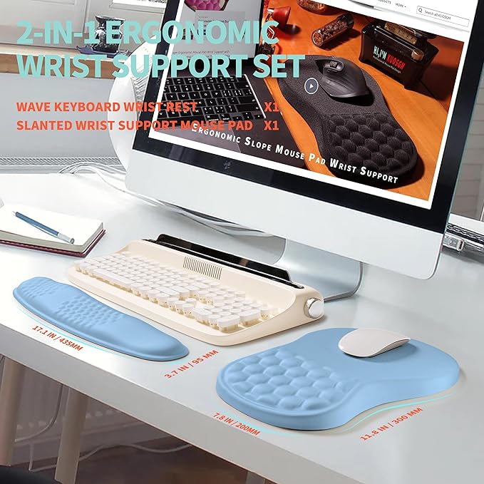 2-in-1 Ergonomic Set, Wave Rise Keyboard Wrist Rest and Massage Bulge Slope Mouse Pad Wrist Support, Cushion Memory Foam Integrated to Relieve Wrist Pain, Lake Blue