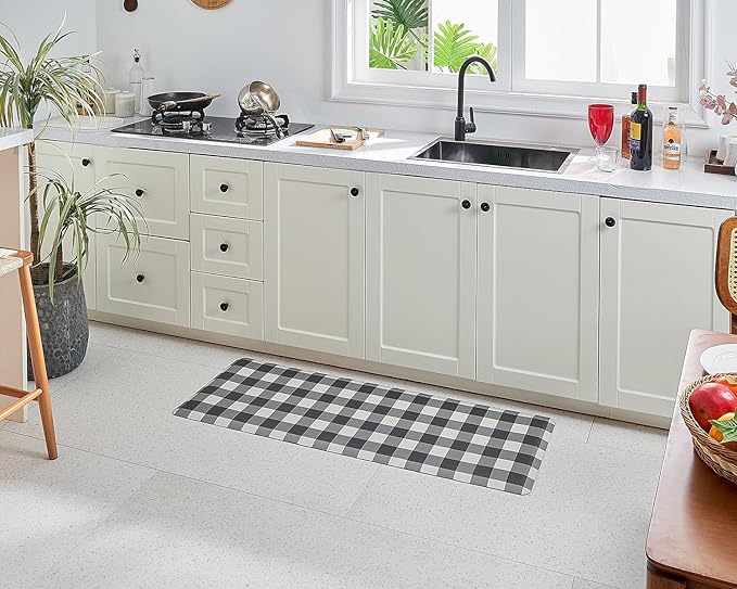 Anti Fatigue Kitchen Rugs Farmhouse Kitchen Mats for Floor,Cushioned Non-Slip Waterproof Comfort Rug Standing Mat for Kitchen,Floor,Home,Office,Sink,Laundry,Plaid Black,17.3"x47.2"