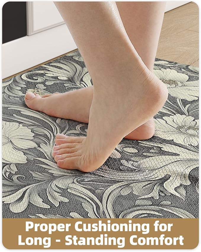 Color&Geometry Floral Kitchen Mat 24"x59", Anti Fatigue Mats for Kitchen Floor, Kitchen Rugs Non Slip, Waterproof & Oil Proof Kitchen Runner for Standing Desk Office, Sink - Grey