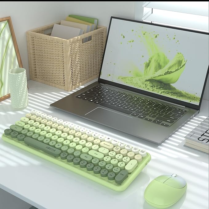Wireless Keyboards and Mouse Combos, UBOTIE Colorful Gradient Rainbow Colored Retro Typewriter Flexible Keyboard, 2.4GHz Connection and Optical Mouse(Green Gradient)