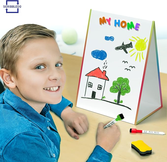 Scribbledo Table Top White Board Magnetic Easel for Kids Dry Erase Drawing Board Toddler Writing Tabletop Whiteboard with 6 Dry Erase Markers and 1 Eraser Included