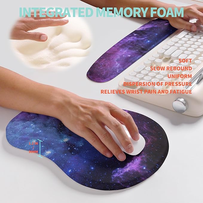 2-in-1 Ergonomic Set, Wave Rise Keyboard Wrist Rest and Massage Bulge Slope Mouse Pad Wrist Support, Cushion Memory Foam Integrated to Relieve Wrist Pain, Galaxy
