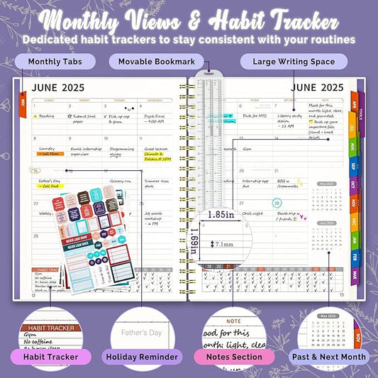 Jun 2025-Dec 2026 Academic Monthly Weekly Daily Planner for School, 19 Months Calendar 25-26 Planning Book with Colorful Tabs, 8.5" x 11" Mid Year College Organizer for Student Teacher (Lavender Purple)