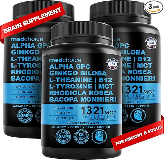 12-in-1 Nootropic Brain Supplement Anhydrous: Ginkgo Biloba for Brain Support, Memory and Focus - B12, Alpha GPC, L Theanine and Choline Supplements with Bioperine Non Caffeinated 1321mg (180ct)