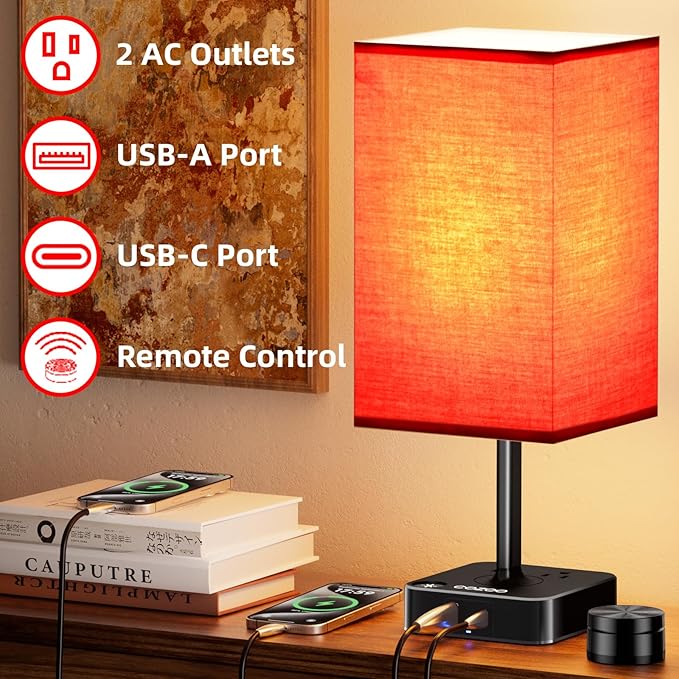 Bedroom Table Lamp with Remote Operation Control,Dimmable Bedside Table Desk Light with USB C+A Charging Ports 2 AC Outlets,Nightstand Lamp White Shade Lamp for Living Room,Dorm,Home Office,Decor