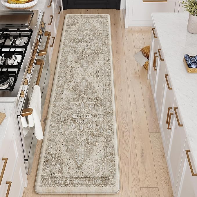 KIMODE Anti Fatigue Kitchen Mats for Floor, 20"x71" Boho Oriental Kitchen Rug, Padded Kitchen Floor Mats Non Slip, Cushioned Standing Mats for Front of Sink Laundry Desk Bedroom Khaki