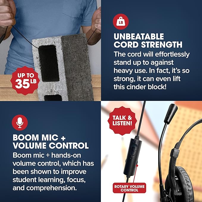 SENTRY Bulk Rugged School Headphones, Durable for Kids, Students, Teachers, Classrooms, 3.5mm or USB-C Jack Options, Optional Boom Mic for Online Learning (8 Count - 3.5mm with Boom Mic, 8, Count)