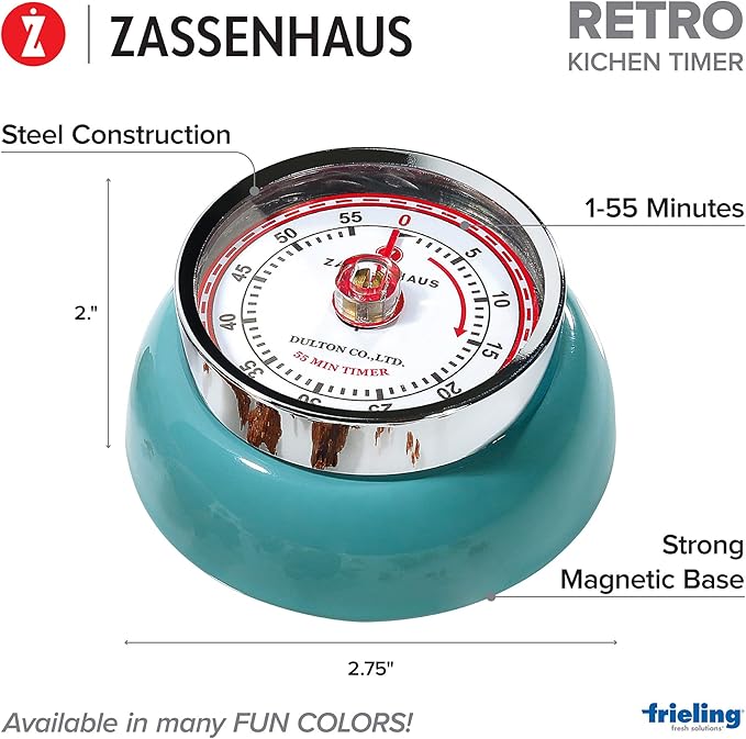Zassenhaus Magnetic Retro 60 Minute Kitchen Timer, 2.75-Inch, Teal
