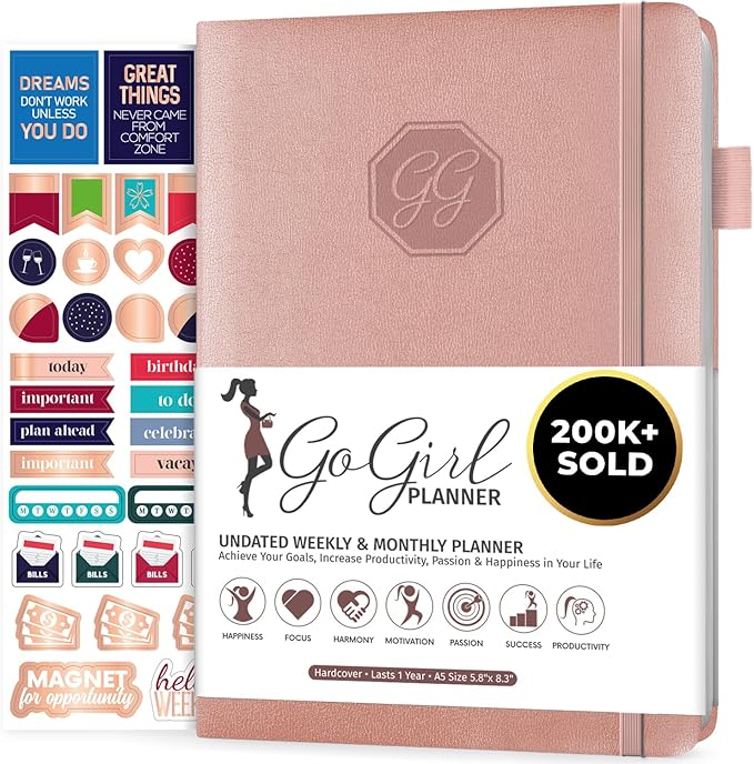 GoGirl Planner and Organizer for Women – Compact Size Weekly Planner, Goals Journal & Agenda to Improve Time Management, Productivity & Live Happier. Undated – Start Anytime, Lasts 1 Year – Rose Gold
