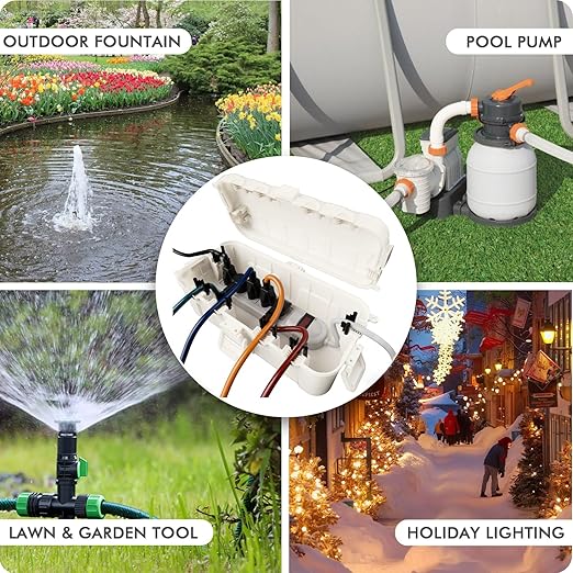 RESTMO Outdoor Electrical Box, IP54 Weatherproof Extension Cord Cover with 6 Cable Entry Ports, Waterproof Connection Box Protect Power Strip, Timer, Plug, Holiday Lights, (11.5x5.2x4 inch), White